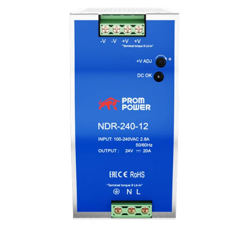 Источник питания NDR-240-12, на выходе 12 В DC, 20 А, 240 Вт. Входное 85-264 В AC (120-370 В DC)