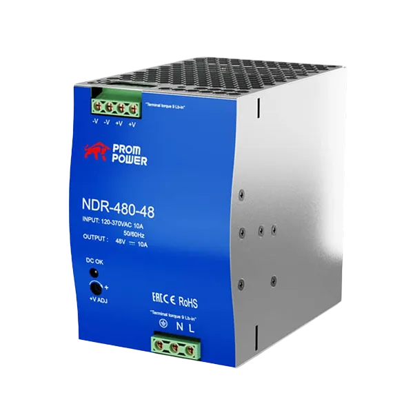Источник питания NDR-480-48, на выходе 48 В DC, 10 А, 480 Вт. Входное 85-264 В AC (120-370 В DC)