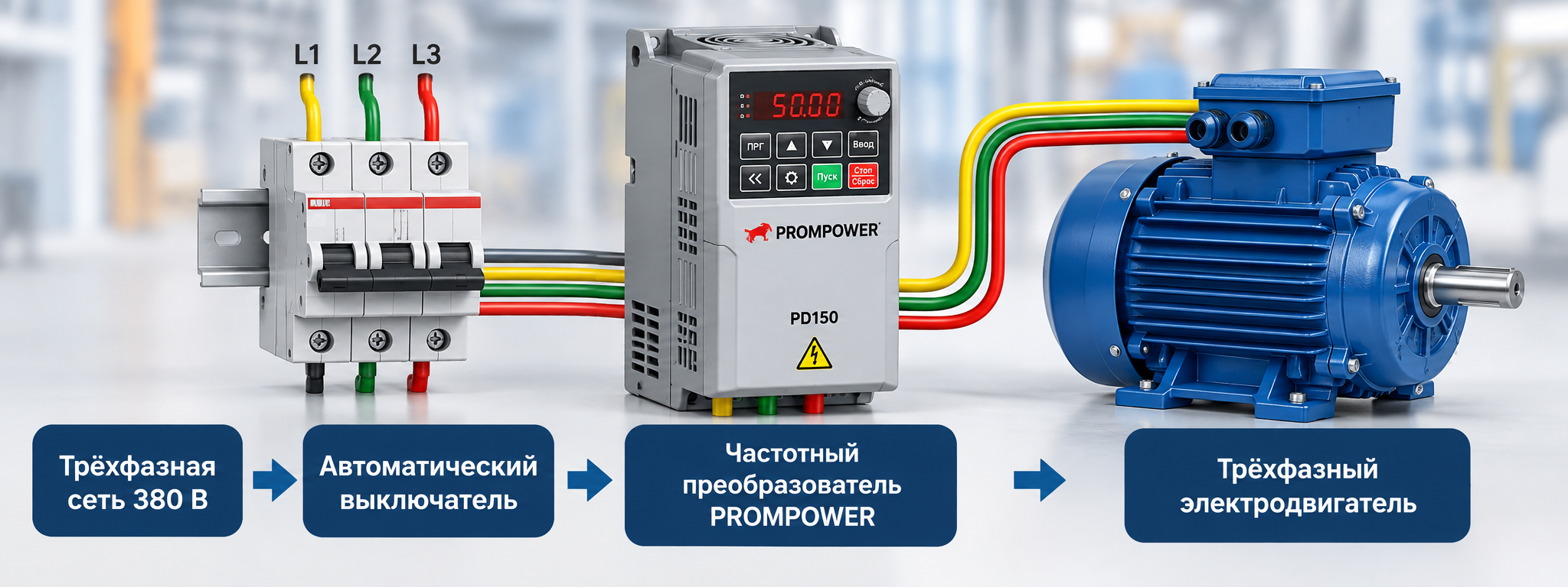 Схема подключения частотного преобразователя 380 В к трёхфазному электродвигателю