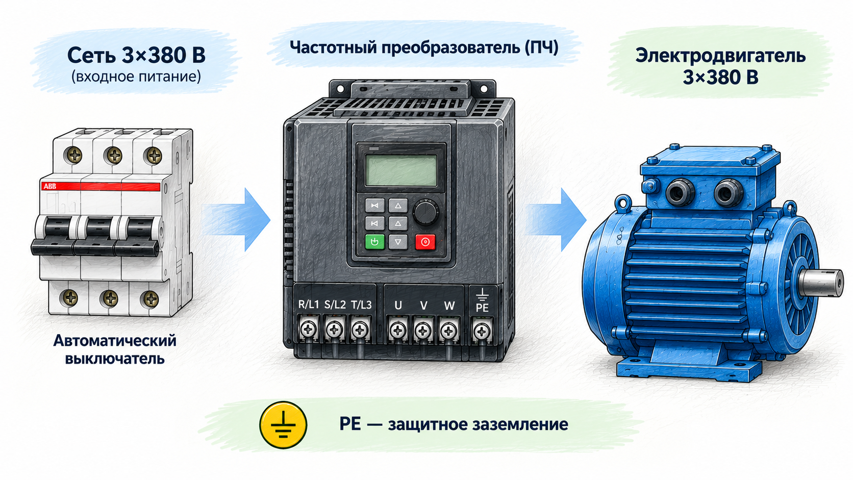 Схема подключения частотного преобразователя к электродвигателю