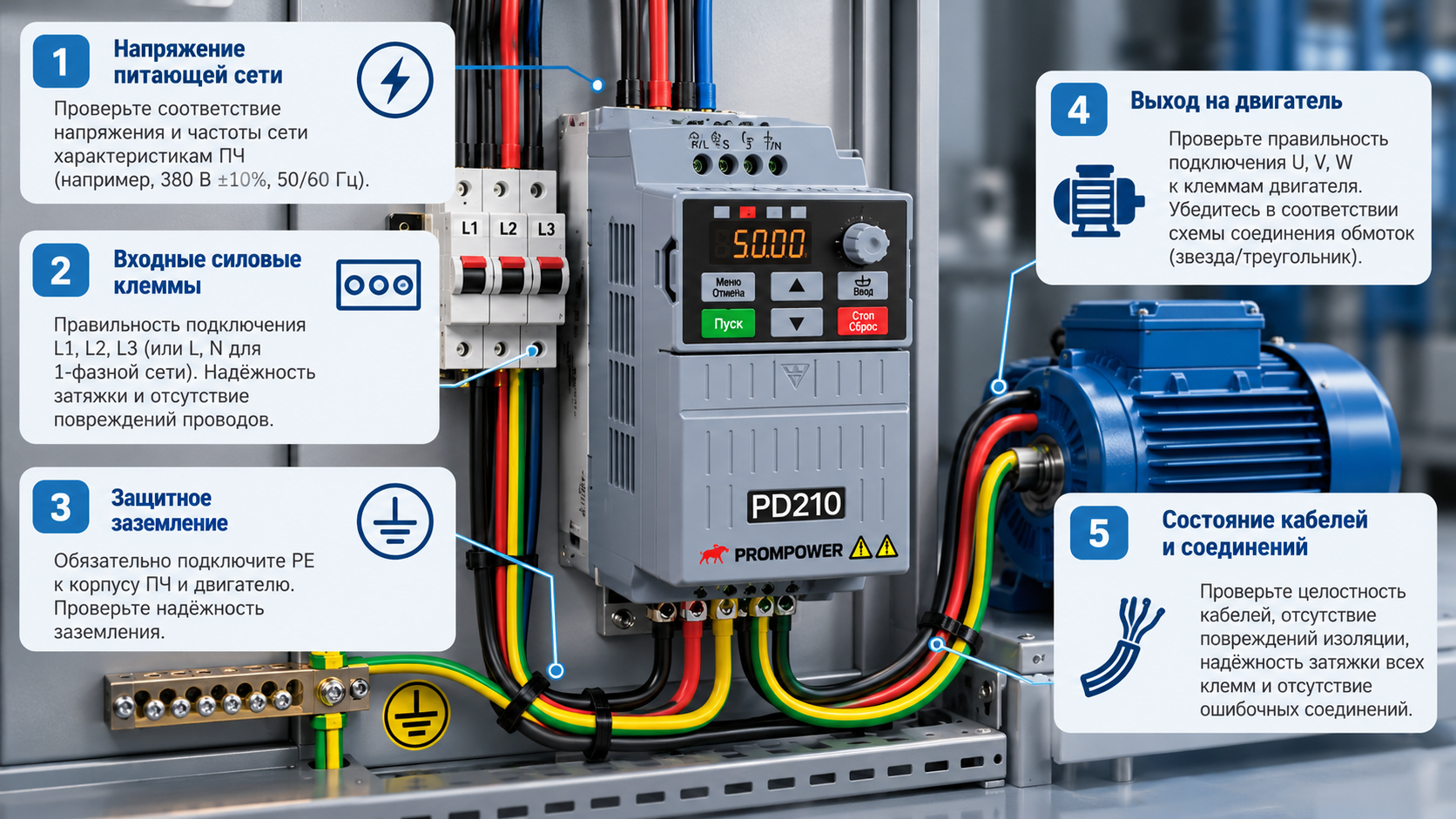 Проверка подключения перед настройкой частотного преобразователя PROMPOWER PD210
